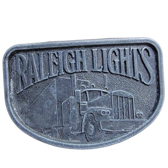 Vintage Raleigh Lights Belt Buckle Truck Design Pewter Tone 3.25x2.25 - Picture 1 of 5